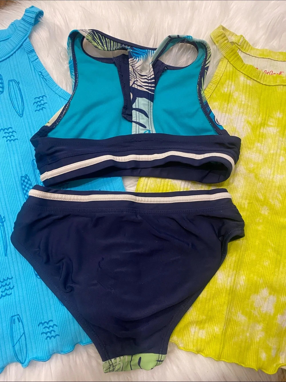 Girls 4/5 Hawaiian 🌺 Floral Racerback Bikini Set w Blue Green tanks
